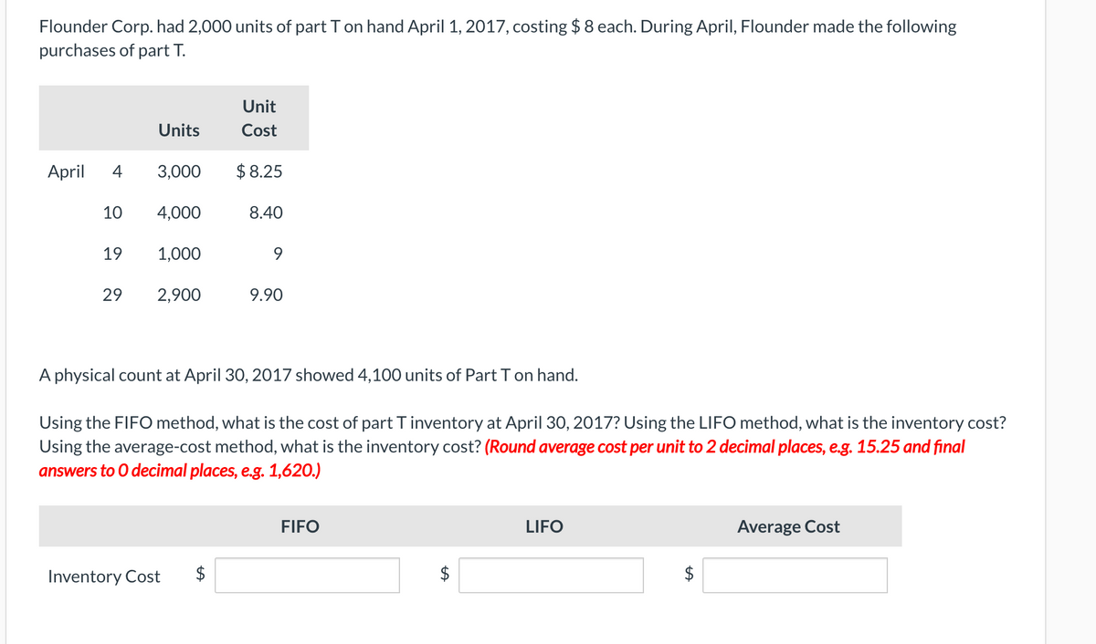 Flounder Corp. had 2,000 units of part T on hand April 1, 2017, costing $ 8 each. During April, Flounder made the following
purchases of part T.
Unit
Units
Cost
April
4
3,000
$ 8.25
10
4,000
8.40
19
1,000
29
2,900
9.90
A physical count at April 30, 2017 showed 4,100 units of Part T on hand.
Using the FIFO method, what is the cost of part T inventory at April 30, 2017? Using the LIFO method, what is the inventory cost?
Using the average-cost method, what is the inventory cost? (Round average cost per unit to 2 decimal places, e.g. 15.25 and final
answers to 0 decimal places, e.g. 1,620.)
FIFO
LIFO
Average Cost
Inventory Cost
%24
%24
%24
