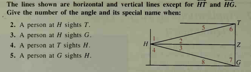 The lines shown are horizontal and vertical lines except for HT and HG.
Give the number of the angle and its special name when:
2. A person at H sights T.
T
6.
5.
3. A person at H sights G.
H
4. A person at T sights H.
5. A person at G sights H.
