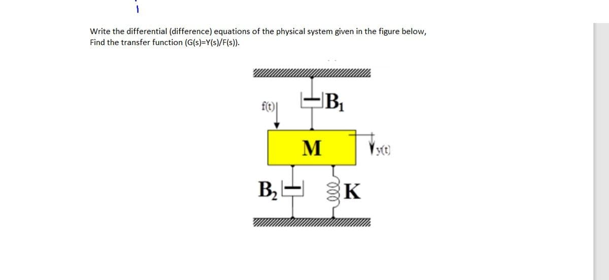 Write the differential (difference) equations of the physical system given in the figure below,
Find the transfer function (G(s)=Y(s)/F(s)).
B1
M
Vyt)
B,
K
lll
