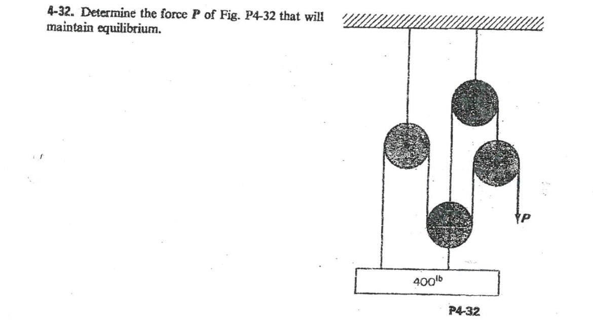 4-32. Determine the force P of Fig. P4-32 that will
maintain equilibrium.
400lb
P4-32