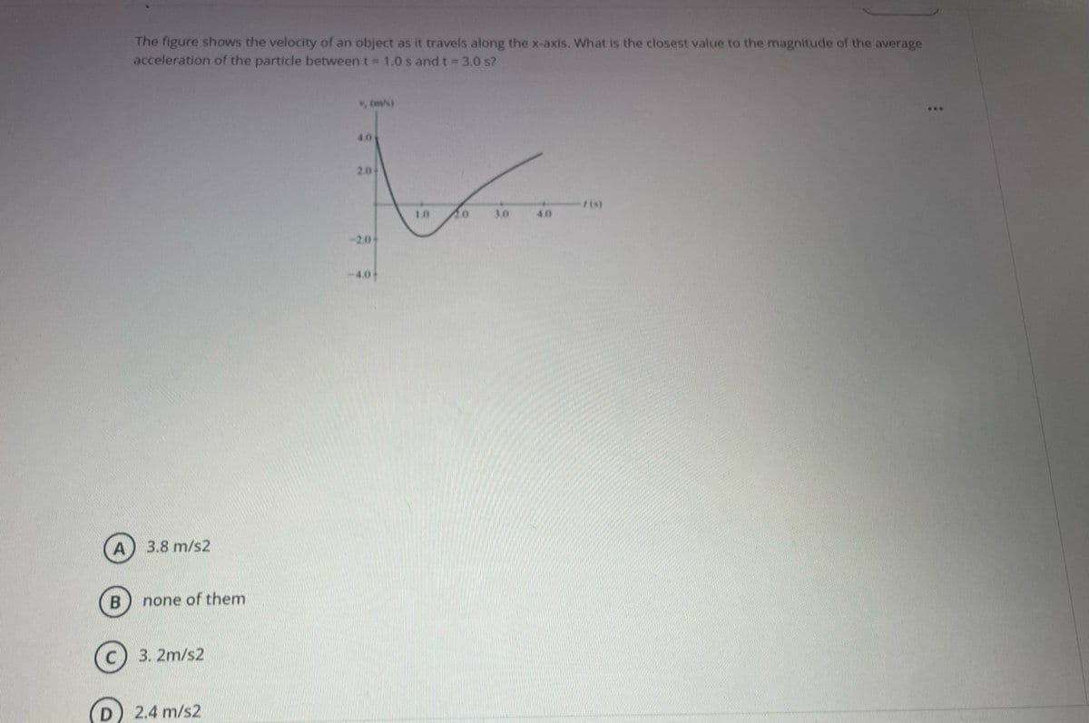 The figure shows the velocity of an object as it travels along the x-axis. What is the closest value to the magnitude of the average
acceleration of the particle between t= 1.0 s and t=3.0 s?
, (m/s)
4.0
2.0
1.0
3.0
40
-2.0
-4.0
3.8 m/s2
none of them
3. 2m/s2
D) 2.4 m/s2
