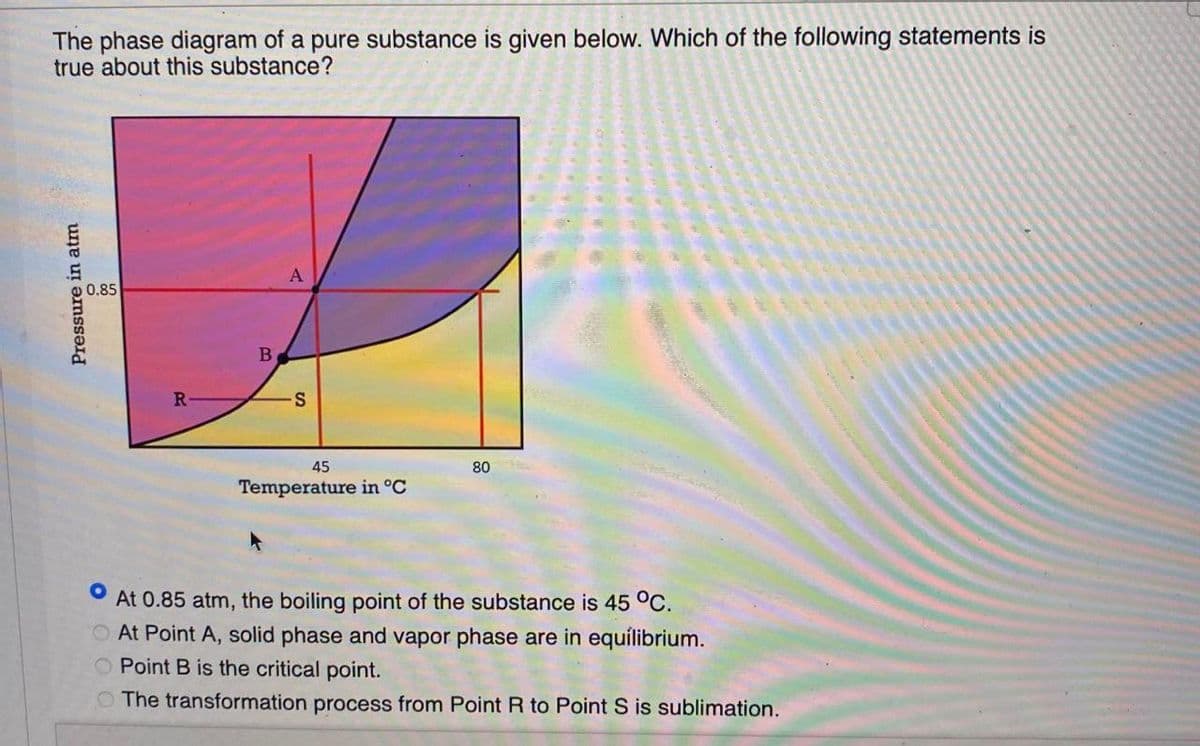 The phase diagram of a pure substance is given below. Which of the following statements is
true about this substance?
A
0.85
R
45
80
Temperature in °C
At 0.85 atm, the boiling point of the substance is 45 °C.
O At Point A, solid phase and vapor phase are in equílibrium.
O Point B is the critical point.
O The transformation process from Point R to Point S is sublimation.
Pressure in atm
