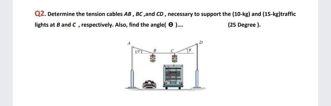 Q2. Determine the tension cables AB , BC ,and CD , necessary to support the (10-kg) and (15-kg)traffic
lights at B and C, respectively. Also, find the angle( O ..
(25 Degree ).
B.
