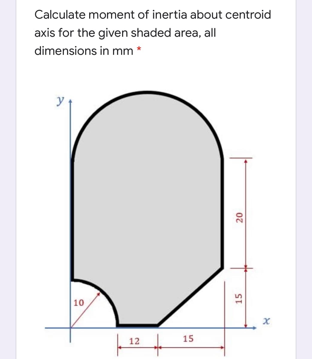 Calculate moment of inertia about centroid
axis for the given shaded area, all
dimensions in mm *
y
10
12
15
15
