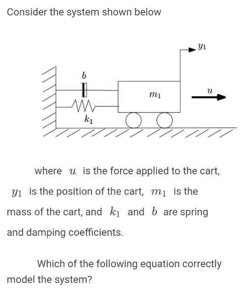 Consider the system shown below
Y1
mị
k1
where u is the force applied to the cart,
Yı is the position of the cart, mị is the
mass of the cart, and ki and b are spring
and damping coefficients.
Which of the following equation correctly
model the system?
