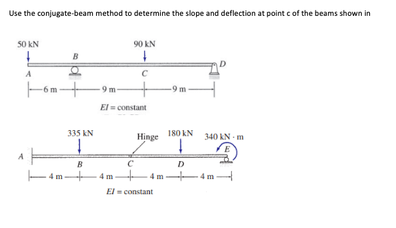 Use the conjugate-beam method to determine the slope and deflection at point c of the beams shown in
50 kN
90 kN
B
+
-6 m
9 m
-9 m
El = constant
335 kN
180 kN
Hinge
340 kN - m
A
B
C
- 4 m
-4 m
ㅜ
4 m
4 m
El = constant
