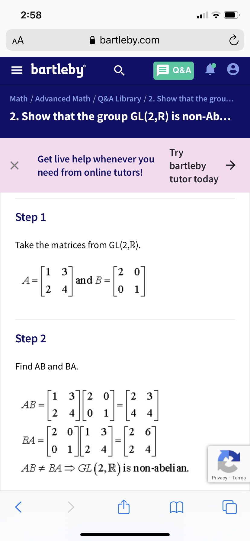 Step 1
Take the matrices from GL(2,R).
1 3
A =
2 4
and B:
0 1
