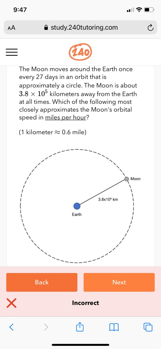 9:47
AA
A study.240tutoring.com
L40
The Moon moves around the Earth once
every 27 days in an orbit that is
approximately a circle. The Moon is about
3.8 x 10° kilometers away from the Earth
at all times. Which of the following most
closely approximates the Moon's orbital
speed in miles per hour?
(1 kilometer ~ 0.6 mile)
Moon
3.8x10 km
Earth
Back
Next
Incorrect
