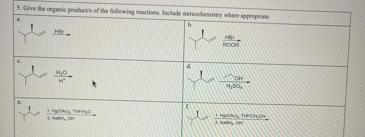 5. Give the organic product/s of the following reactions. Include stereochemistry where appropriate.
a.
C.
e.
HBr
H₂O
H*
1. Hg(OAc)2, THF/H₂O
2. NaBH4, OH
b.
d.
HBr
ROOR
OH
H₂SO4
1. Hg(OAc)2, THF/CH3OH
2. NaBH4, OH