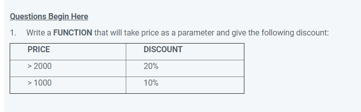 Questions Begin Here
1. Write a FUNCTION that will take price as a parameter and give the following discount:
PRICE
DISCOUNT
> 2000
20%
> 1000
10%
