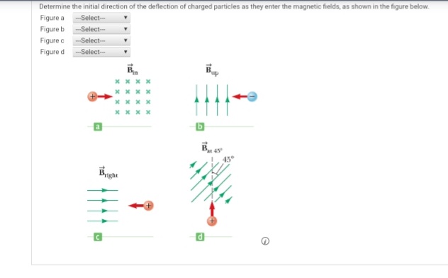 Determine the initial direction of the deflection of charged particles as they enter the magnetic fields, as shown in the figure below.
Figure a
--Select-
Figure b
--Select-
Figure c
--Select-
Figure d
--Select--
x x x x
* ***
B a
Bught
