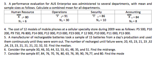 3. A performance evaluation for AUS Enterprise was administered to several departments, with mean and
sample sizes as follows. Calculate a combined mean for all departments.
Human Resource
Operations
* 91
N2 = 30
Security
= 86
Ny = 10
Accounting
X.= 84
X= 80
N =6
Na = 8
4. The cost of 12 models of mobile phones at a cellular specialty store during 2009 was as follows: P5 500, P10
200, P9 750, PG 800, P14 000, P12 000, P13 000, P23 000, P 12 900, P10 000, P11 000, P13 000.
5. A manufacturer of rechargeable batteries took a sample of 15 batteries from a day's production and used
them continuously until they were worn out. The number of recharged until failure were; 20, 45, 23, 21, 23 ,32
„34, 23, 23, 21, 21, 21, 22, 32, 32. Find the median.
6. Consider the sample 30, 46, 50, 44, 52, 53, 61, 48, 35, and 51. Find the midrange.
7. Consider the sample 87, 84, 76, 70, 76, 80, 63, 76, 39, 90, 76,77, and 80. Find the mode
