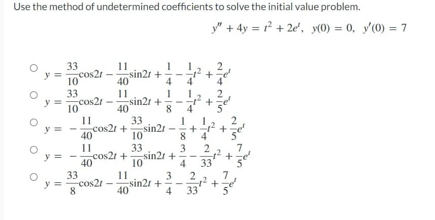 Use the method of undetermined coefficients to solve the initial value problem.
33
y ==cos2t
10
33
10 cos2t
11
40
11
40
y =
y =
0 y
y =
33
8
-
-
-cos2t
11
40
11
40
-sin2t +
-sin2t +
1
33
cos2t+sin2t
10
11
40
4
1
-sin2t +
-
8 4
1
33
cos2t+sin2t +
10
-
-
3
+
y" + 4y = 1² +2e¹, y(0) = 0, y'(0) = 7
T
+
+ UNAIN
++
4 33
2
4 33
et
et
5
8 4 5
3
2
+
2
+=e¹
-1² +-
>
7
Fin
5
もち