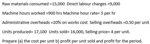 Raw materials consumed =15,000 Direct labour charges =9,000
Machine hours worked =900 hrs Machine hour rate=5 per hr
Administrative overheads -20% on works cost Selling overheads=0.50 per unit
Units produced=17,100 Units sold= 16,000, Selling price= 4 per unit.
Prepare (a) the cost per unit b) profit per unit sold and profit for the period.