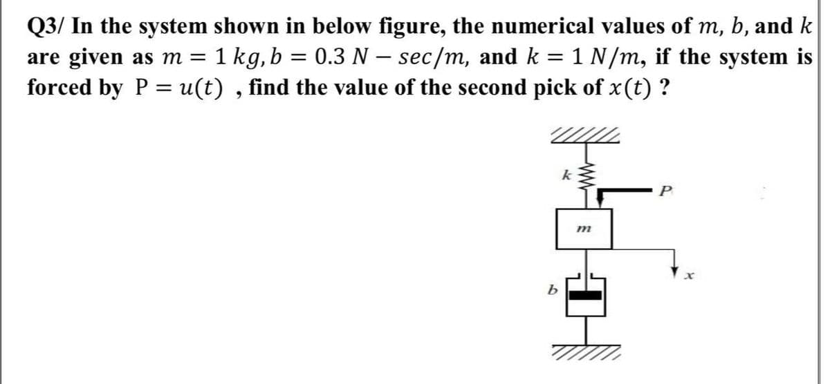 Q3/ In the system shown in below figure, the numerical values of m, b, and k
are given as m = 1 kg, b = 0.3 N – sec/m, and k = 1 N/m, if the system is
forced by P = u(t) , find the value of the second pick of x(t) ?
k
P
т

