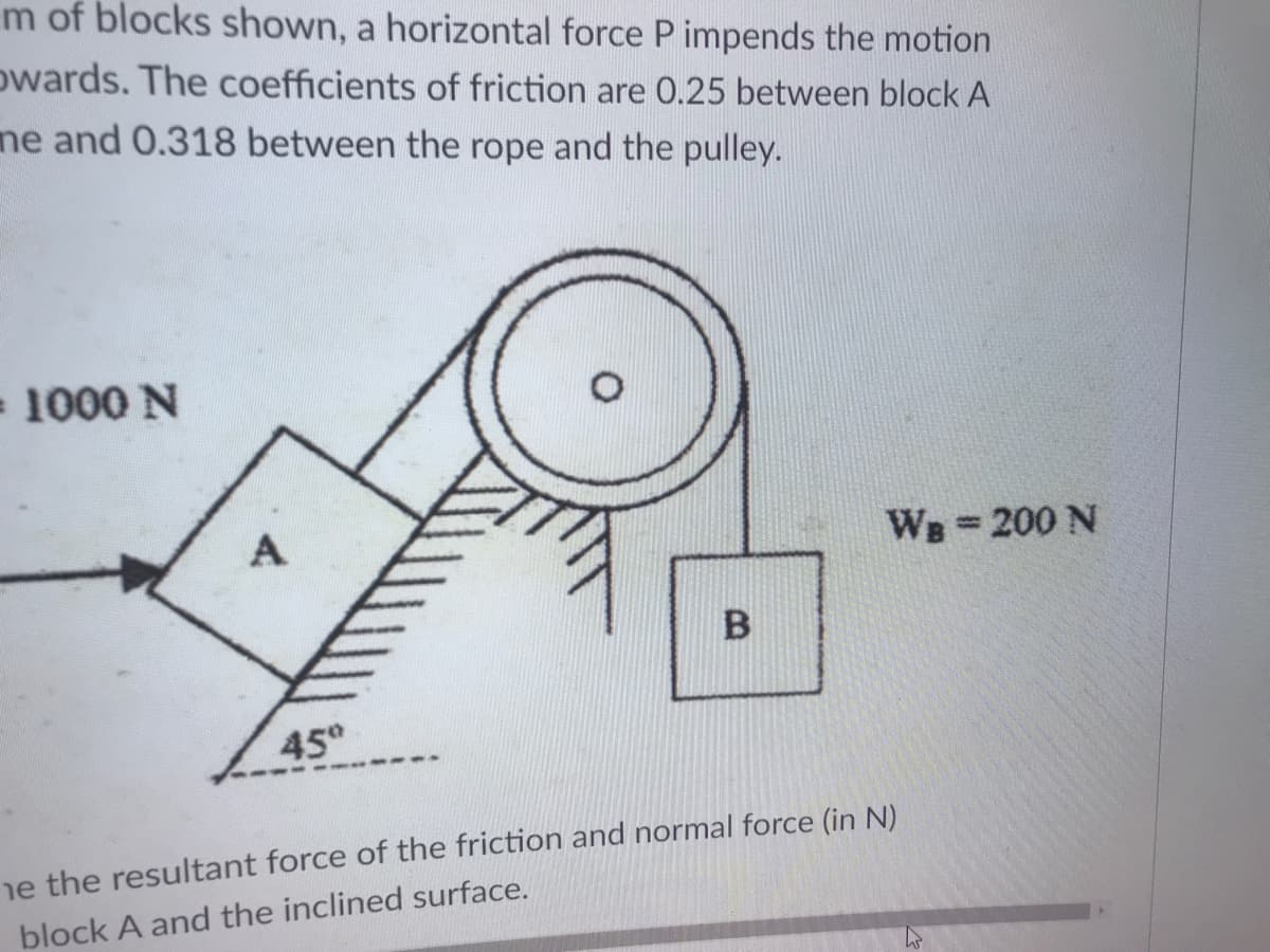 m of blocks shown, a horizontal force P impends the motion
owards. The coefficients of friction are 0.25 between block A
ne and 0.318 between the rope and the pulley.
=1000 N
WB 200 N
45°
---
ne the resultant force of the friction and normal force (in N)
block A and the inclined surface.
