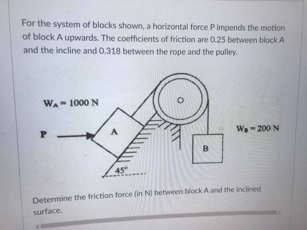 For the system of blocks shown, a horizontal force P impends the motion
of block A upwards. The coefficients of friction are 0.25 between block A
and the incline and 0.318 between the rope and the pulley.
WA = 1000 N
%3D
WB=200 N
%3D
45°
Determine the friction force (in N) between block A and the inclined
surface.
