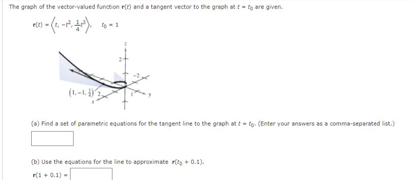 The graph of the vector-valued function r(t) and a tangent vector to the graph at t = to are given.
to = 1
(1, –1, 4)
(a) Find a set of parametric equations for the tangent line to the graph at t = tg- (Enter your answers as a comma-separated list.)
(b) Use the equations for the line to approximate r(to + 0.1).
r(1 + 0.1) =

