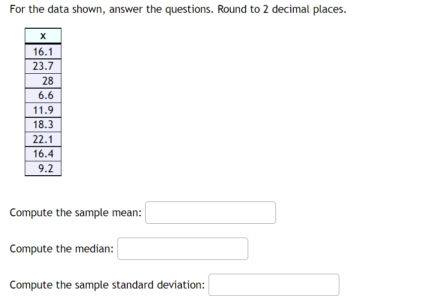 For the data shown, answer the questions. Round to 2 decimal places.
16.1
23.7
28
6.6
11.9
18.3
22.1
16.4
9.2
Compute the sample mean:
Compute the median:
Compute the sample standard deviation:
