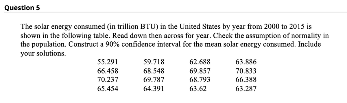 Question 5
The solar energy consumed (in trillion BTU) in the United States by year from 2000 to 2015 is
shown in the following table. Read down then across for year. Check the assumption of normality in
the population. Construct a 90% confidence interval for the mean solar energy consumed. Include
your solutions.
55.291
59.718
62.688
63.886
66.458
68.548
69.857
70.833
70.237
69.787
68.793
66.388
65.454
64.391
63.62
63.287
