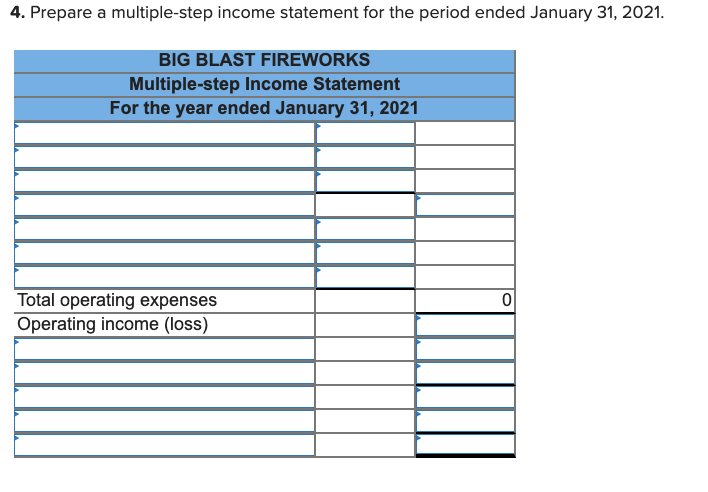 4. Prepare a multiple-step income statement for the period ended January 31, 2021.
BIG BLAST FIREWORKS
Multiple-step Income Statement
For the year ended January 31, 2021
Total operating expenses
Operating income (loss)
