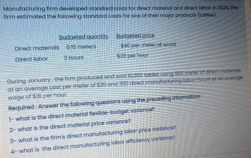 Manufacturing firm developed standard costs for direct material and direct labor. In 2020, the
firm estimated the following standard costs for one of their major products (tables).
Budgeted quantity
Budgeted price
Direct materials 0.15 meters
$40 per meter of wood
Direct labor
2 hours
$20 per hour
During January , the firm produced and sold 10,000 tabtes using 800 meter of direct materials
at an average cost per meter of $20 and 300 direct manufacturing labor-hours at an average
wage of $16 per hour.
Required : Answer the following questions using the preceding Information:
+ what is the direct material flexible-budget variance?
2- what is the direct material price variance?
3- what is the firm's direct manufacturing labar price variance?
4- what is the direct manufacturing labor efficiency variance?
