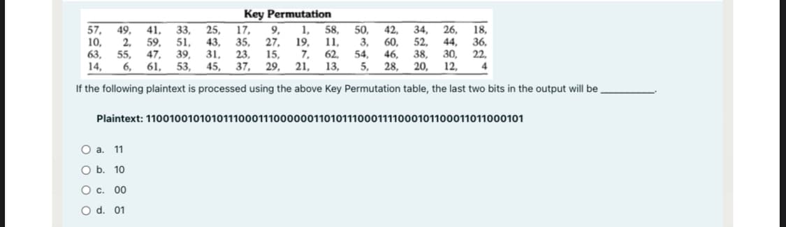 Key Permutation
57,
10.
58.
42,
60.
3.
46,
34,
52,
38,
20,
26,
44,
30,
12,
49.
41,
2,
33,
51,
39,
53,
25,
43,
31,
45,
17,
35,
23,
37,
9,
27,
15,
29,
1,
11,
7,
50.
59,
47,
6,
18,
36,
22,
19,
63,
14,
55,
62,
13,
54.
61,
21,
5,
28.
4
If the following plaintext is processed using the above Key Permutation table, the last two bits in the output will be
Plaintext: 1100100101010111000111000000110101110001111000101100011011000101
O a. 11
O b. 10
O c. 00
O d. 01
