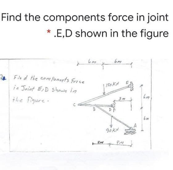 Find the components force in joint
* .E,D shown in the figure
bm
4 Find the comPonegts force
in Joint ED shown in
150 KN
the figure
