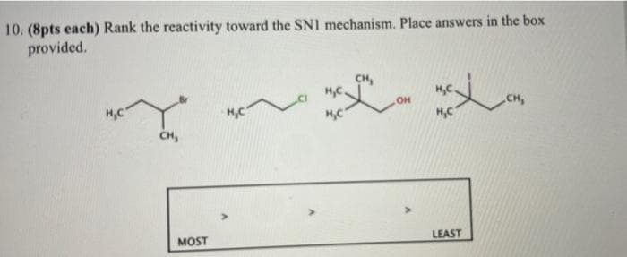 10. (8pts each) Rank the reactivity toward the SNI mechanism. Place answers in the box
provided.
CH,
H,C.
H.C
OH
НС
на хо
CH,
CH,
MOST
Н.С
LEAST