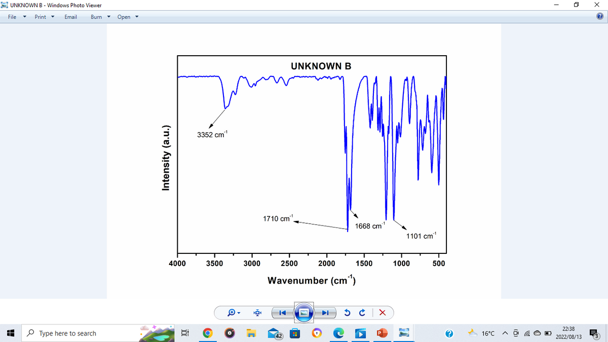 UNKNOWN B - Windows Photo Viewer
Print
Burn
File
Email
Type here to search
Open ▾
Intensity (a.u.)
4000
3352 cm¹
3500
3000
►
UNKNOWN B
1710 cm¹¹
2500
42
2000
1668 cm¹
1500
Wavenumber (cm*¹)
C X
1101 cm
1000
500
16°C
I
0
22:38
2022/08/13