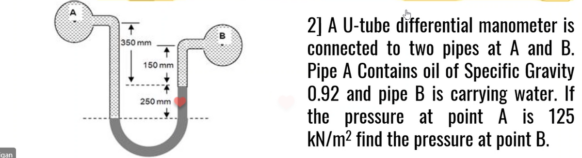 qan
350 mm
150 mm
Tor
250 mm
Sm
2] A U-tube differential manometer is
connected to two pipes at A and B.
Pipe A Contains oil of Specific Gravity
0.92 and pipe B is carrying water. If
the pressure at point A is 125
kN/m² find the pressure at point B.