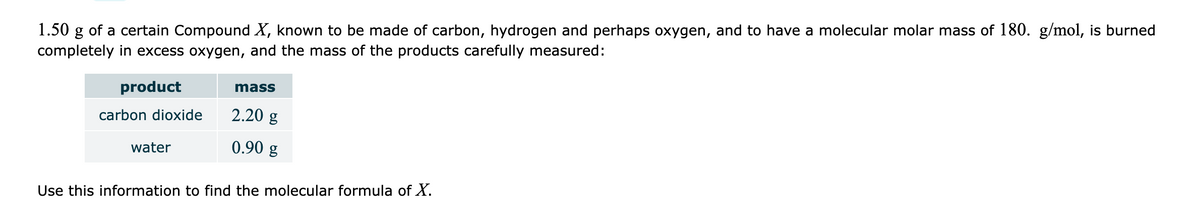 1.50 g of a certain Compound X, known to be made of carbon, hydrogen and perhaps oxygen, and to have a molecular molar mass of 180. g/mol, is burned
completely in excess oxygen, and the mass of the products carefully measured:
product
mass
carbon dioxide
2.20 g
water
0.90 g
Use this information to find the molecular formula of X.
