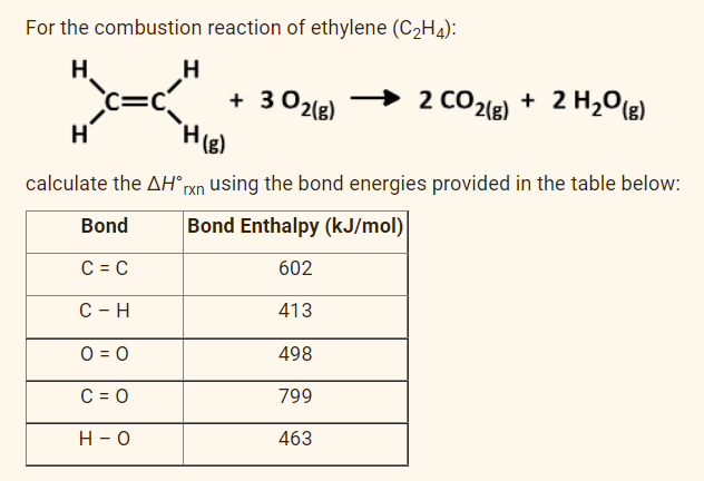 For the combustion reaction of ethylene (C2H4):
H.
H
=c
+ 3 02(g)
2 CO2le) + 2 H,O{g)
H'
H()
calculate the AH rxn using the bond energies provided in the table below:
Bond
Bond Enthalpy (kJ/mol)
C = C
602
C - H
413
O = 0
498
C = 0
799
Н- о
463
