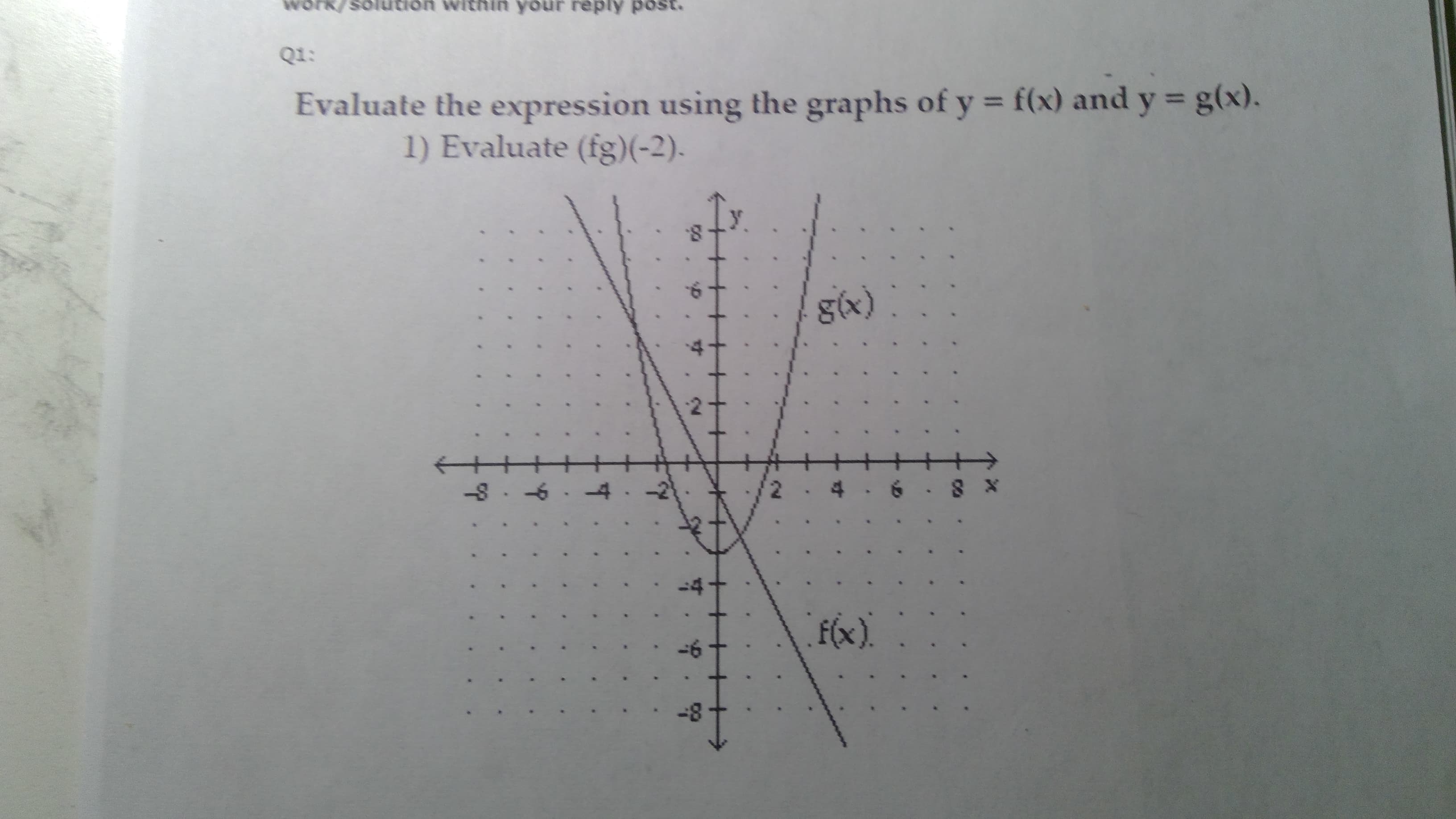 Evaluate the expression using the graphs of y = f(x) and y = g(x).
1) Evaluate (fg)(-2).
gix)
->
8.6. 4.
4 6 8 X
f(x).
-8
2.
