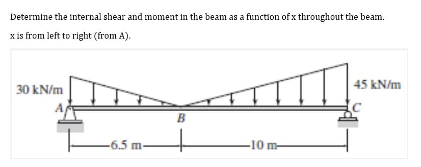 Determine the internal shear and moment in the beam as a function of x throughout the beam.
x is from left to right (from A).
45 kN/m
30 kN/m
B
-6.5 m.
-10 m-
