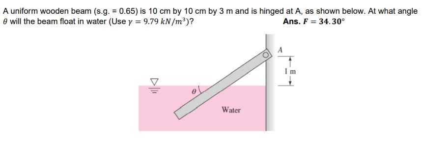 A uniform wooden beam (s.g. = 0.65) is 10 cm by 10 cm by 3 m and is hinged at A, as shown below. At what angle
e will the beam float in water (Use y = 9.79 kN /m³)?
Ans. F = 34.30°
1m
Water
D
