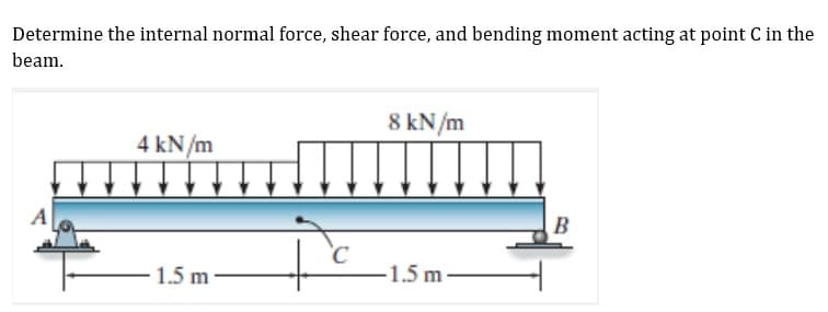 Determine the internal normal force, shear force, and bending moment acting at point C in the
beam.
8 kN/m
4 kN/m
A
र
B
at
1.5 m
1.5 m
