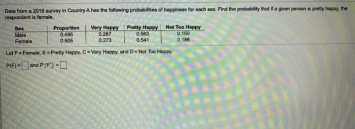 Data from a 2016 survey in Country A has the following probabilities of happiness for each sex. Find the probability that if a given person is protty happy, the
respondent is female.
Proportion
0.495
0.505
Very Happy Protty Happy Not Too Happy
0.150
0.186
Sex
Male
0.287
0.563
Female
0.273
0.541
Let F-Female, E=Pretty Happy, C=Very Happy, and D=Not Too Happy.
P(F)-and P (F) -
