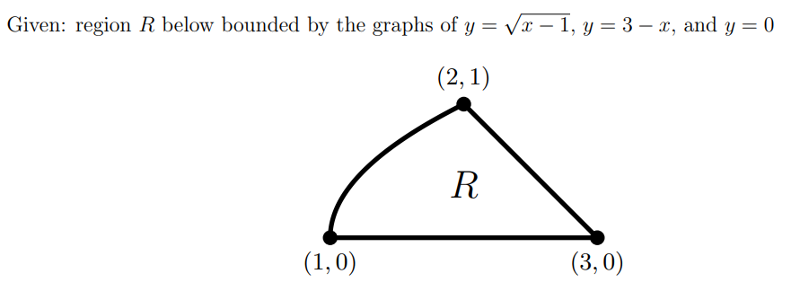 Given: region R below bounded by the graphs of y = Vx – 1, y = 3 – x, and y = 0
(2, 1)
(1,0)
(3,0)
