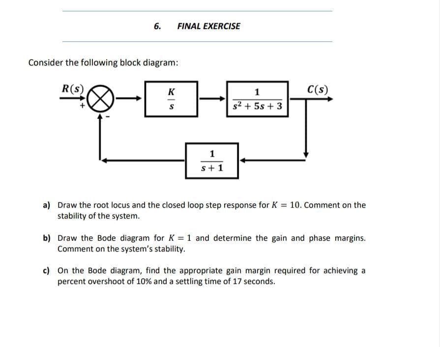 6.
FINAL EXERCISE
Consider the following block diagram:
R(s)
K
1
C(s)
S
s2 + 5s + 3
1
s+1
a) Draw the root locus and the closed loop step response for K = 10. Comment on the
stability of the system.
b) Draw the Bode diagram for K =1 and determine the gain and phase margins.
Comment on the system's stability.
c) On the Bode diagram, find the appropriate gain margin required for achieving a
percent overshoot of 10% and a settling time of 17 seconds.
