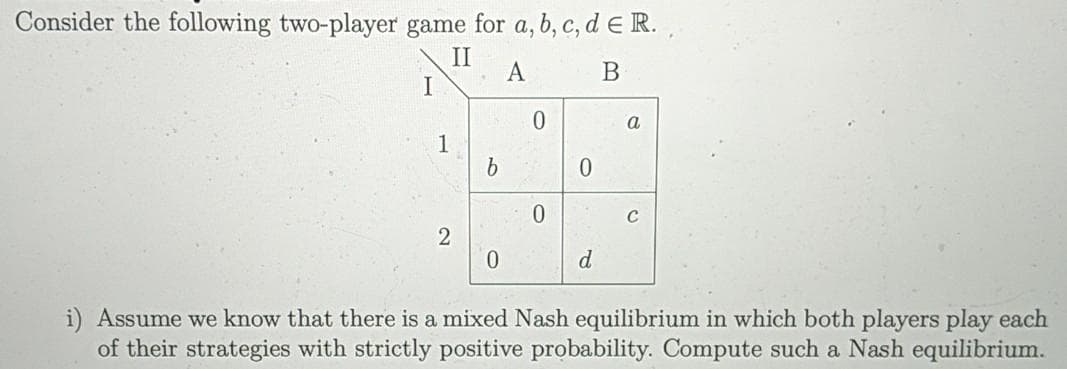 Consider the following two-player game for a, b, c, d E R.,
II
A
I
a
1
2
0.
d.
i) Assume we know that there is a mixed Nash equilibrium in which both players play each
of their strategies with strictly positive probability. Compute such a Nash equilibrium.
