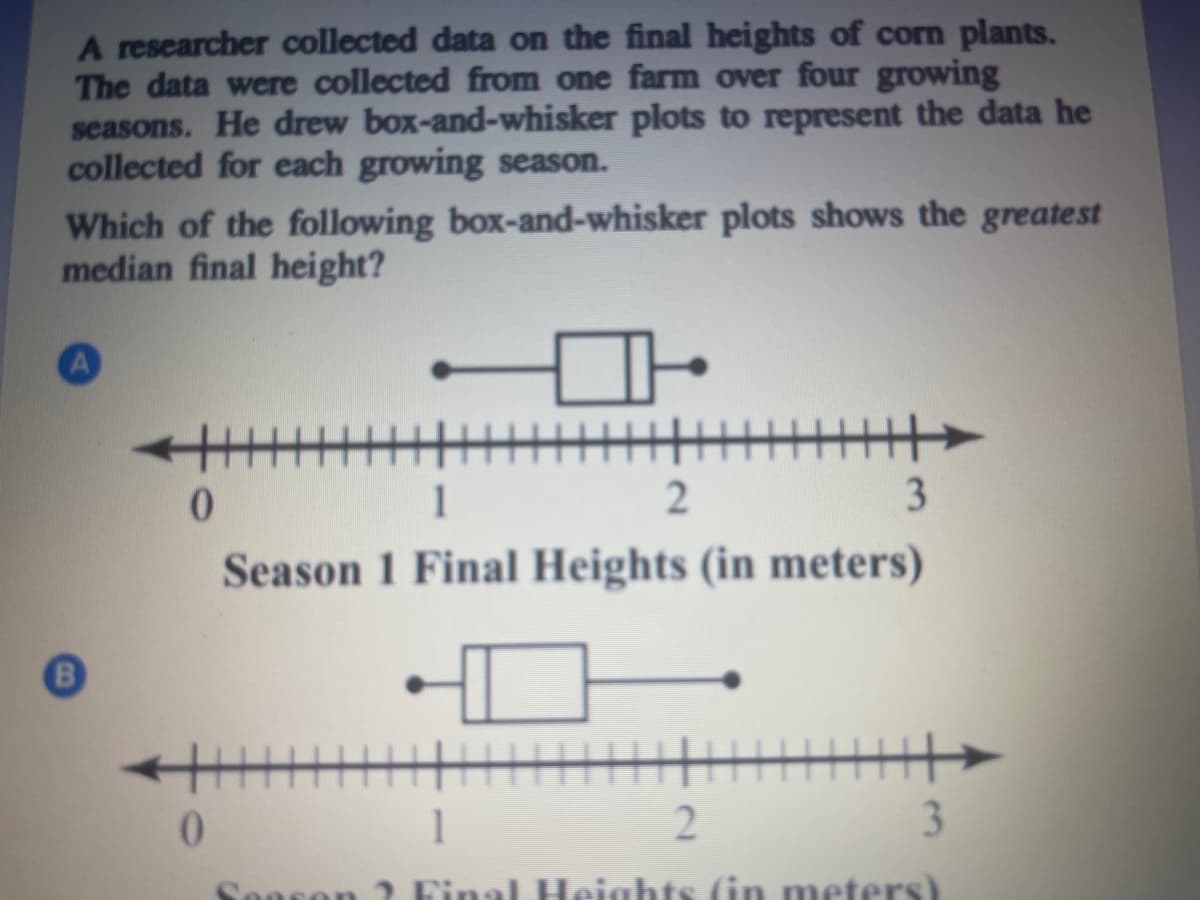 A researcher collected data on the final heights of corn plants.
The data were collected from one farm over four growing
seasons. He drew box-and-whisker plots to represent the data he
collected for each growing season.
Which of the following box-and-whisker plots shows the greatest
median final height?
1
3
Season 1 Final Heights (in meters)
B
1
2
3.
Soncon
inal Heiahts (in meters)

