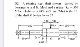 Q2: A rotating steel shaft shown: camied by
bearings A and E. Machined surface. S - 500
MPa, reliability is 90%, r-3 mm. What is the life
of the shaft if design factor 3?
100 100
-
300
15 kN
200-
A 304
3rB
-3r
35
450
