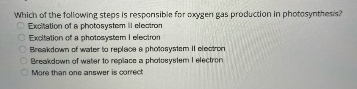 Which of the following steps is responsible for oxygen gas production in photosynthesis?
Excitation of a photosystem II electron
Excitation of a photosystem I electron
Breakdown of water to replace a photosystem II electron
Breakdown of water to replace a photosystem I electron
More than one answer is correct
