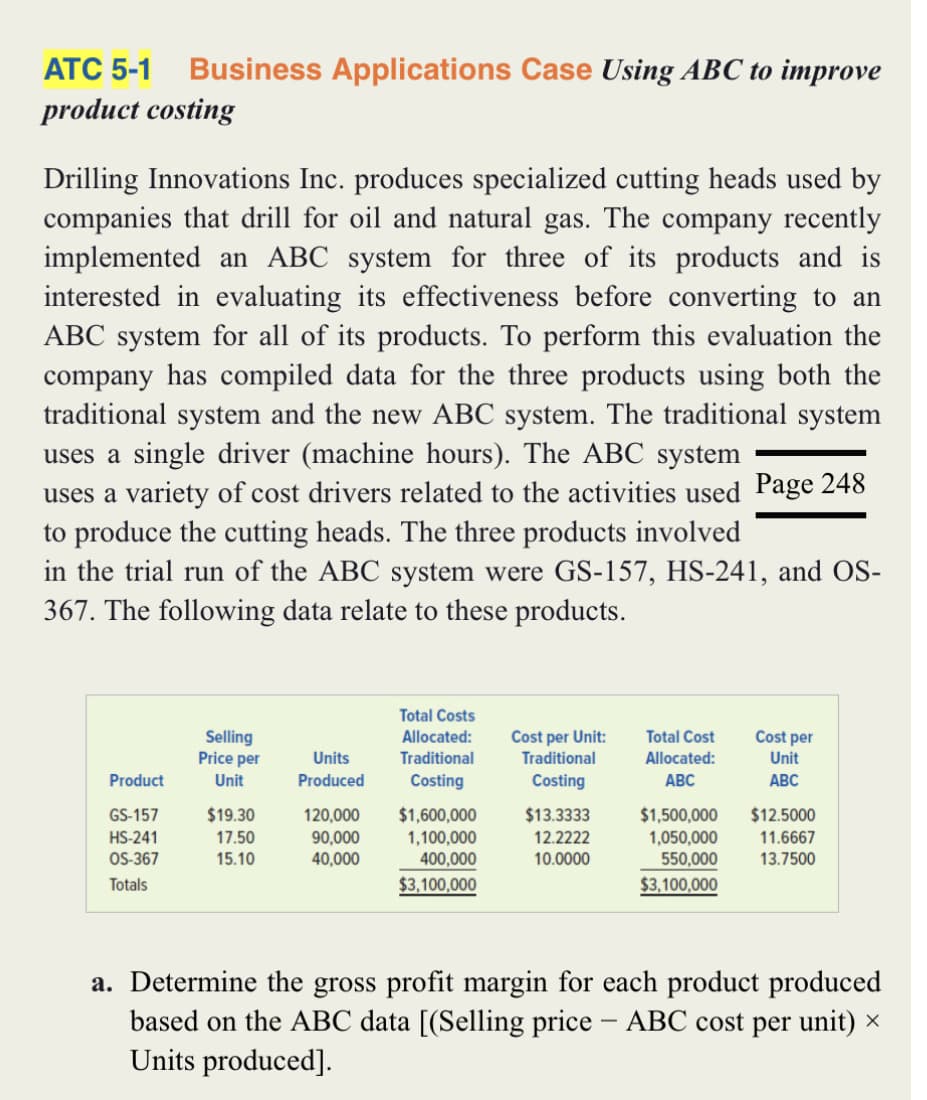 ATC 5-1 Business Applications Case Using ABC to improve
product costing
Drilling Innovations Inc. produces specialized cutting heads used by
companies that drill for oil and natural gas. The company recently
implemented an ABC system for three of its products and is
interested in evaluating its effectiveness before converting to an
ABC system for all of its products. To perform this evaluation the
company has compiled data for the three products using both the
traditional system and the new ABC system. The traditional system
uses a single driver (machine hours). The ABC system
uses a variety of cost drivers related to the activities used Page 248
to produce the cutting heads. The three products involved
in the trial run of the ABC system were GS-157, HS-241, and OS-
367. The following data relate to these products.
Product
GS-157
HS-241
OS-367
Totals
Selling
Price per
Unit
$19.30
17.50
15.10
Units
Produced
120,000
90,000
40,000
Total Costs
Allocated:
Traditional
Costing
$1,600,000
1,100,000
400,000
$3,100,000
Cost per Unit:
Traditional
Costing
$13.3333
12.2222
10.0000
Total Cost
Allocated:
ABC
Cost per
Unit
ABC
$1,500,000 $12.5000
1,050,000
11.6667
550,000
13.7500
$3,100,000
a. Determine the gross profit margin for each product produced
based on the ABC data [(Selling price - ABC cost per unit) ×
Units produced].