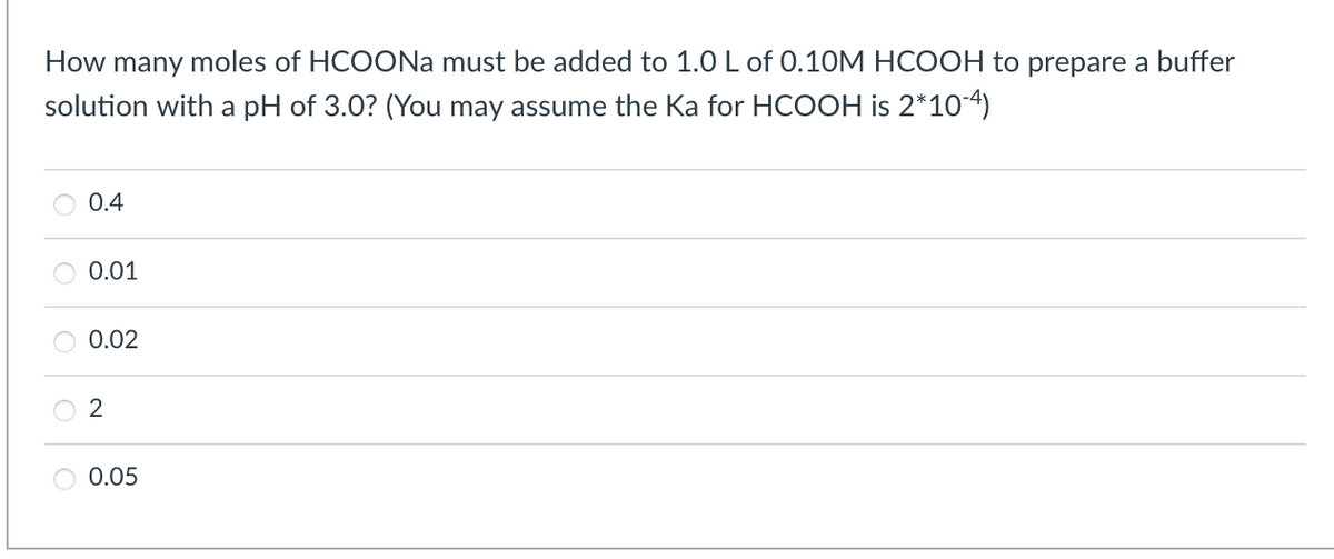 How many moles of HCOONa must be added to 1.0 L of 0.10M HCOOH to prepare a buffer
solution with a pH of 3.0? (You may assume the Ka for HCOOH is 2*10-4)
0.4
0.01
0.02
2
0.05

