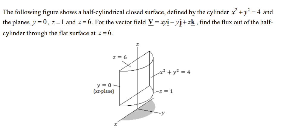 The following figure shows a half-cylindrical closed surface, defined by the cylinder x +y° = 4 and
the planes y = 0, z=1 and z=6. For the vector field V = xyi – yj+zk, find the flux out of the half-
cylinder through the flat surface at z = 6.
z = 6
x² + y²:
= 4
y = 0
(xz-plane)
-z = 1
