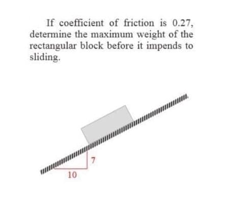 If coefficient of friction is 0.27,
determine the maximum weight of the
rectangular block before it impends to
sliding.
umw.
10
