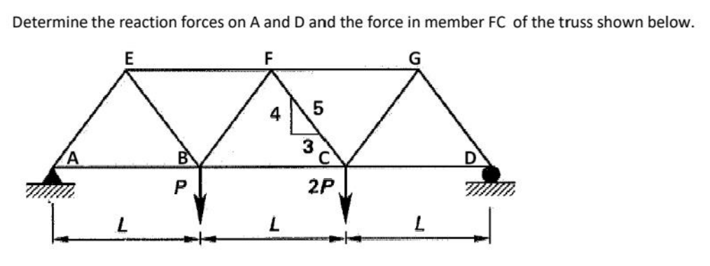 Determine the reaction forces on A and D and the force in member FC of the truss shown below.
F
E
L
TO
4
5
2P
G
L