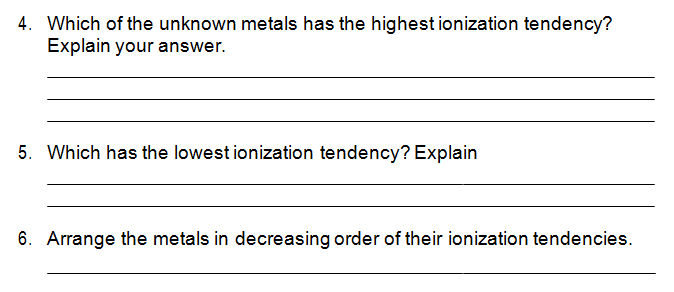 4. Which of the unknown metals has the highest ionization tendency?
Explain your answer.
5. Which has the lowest ionization tendency? Explain
6. Arrange the metals in decreasing order of their ionization tendencies.

